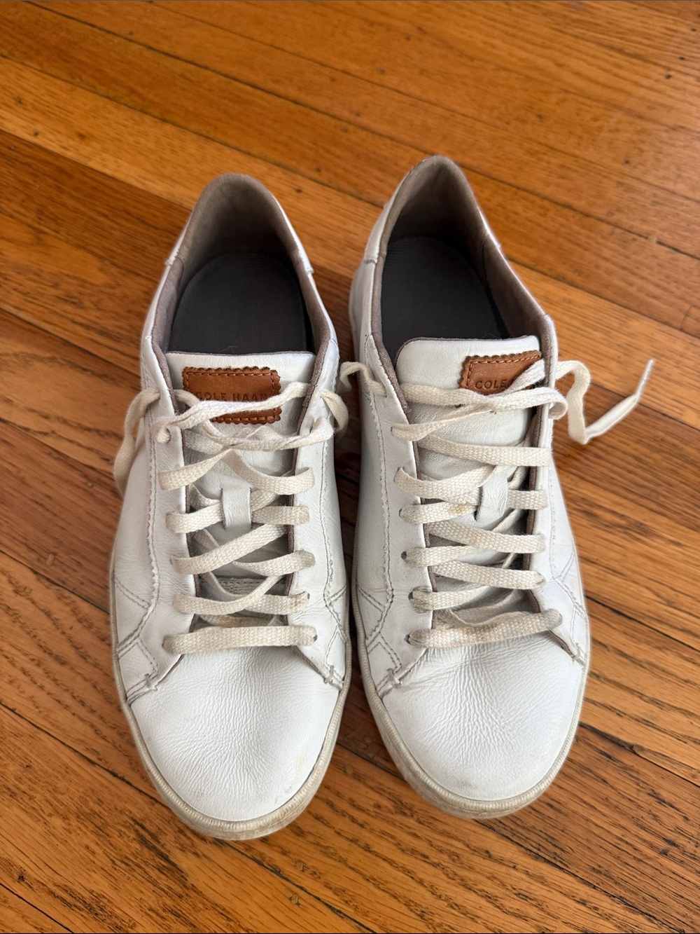 Cole Haan Cream-White Leather Lace-Up Sneakers with Brown Logo Tab